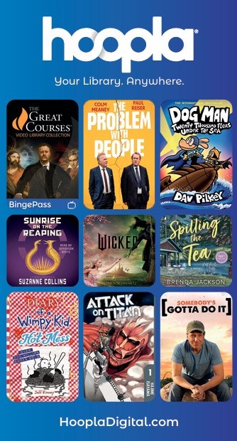 The image showcases various books and media available on Hoopla Digital, including titles like "Dog Man" and "Wicked."