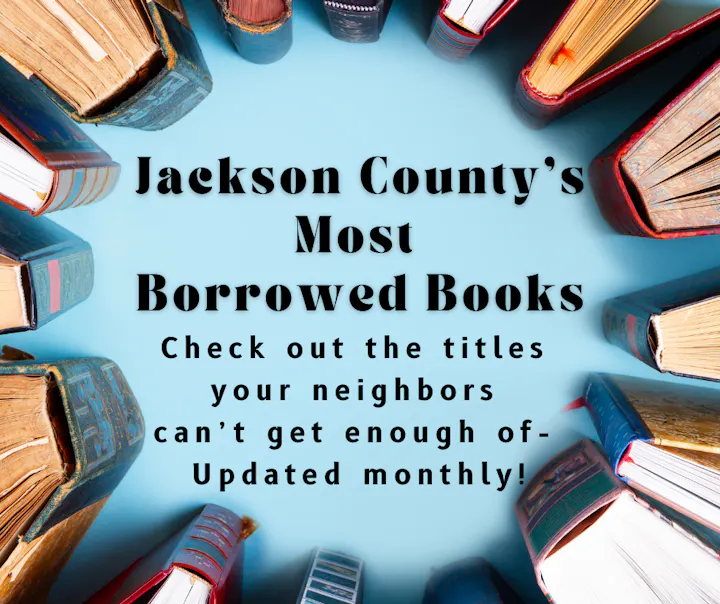 Books form a circle around text promoting "Jackson County's Most Borrowed Books," updated monthly.