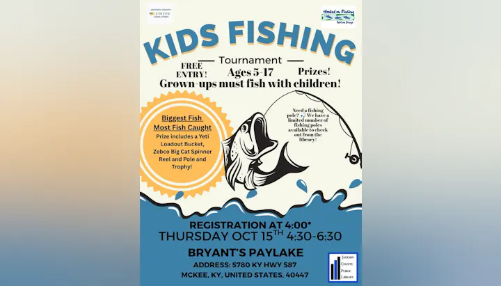 Kids Fishing Tournament on Oct 15, ages 5-17, free entry! Grown-ups must fish with kids. Prizes and pole rentals available!