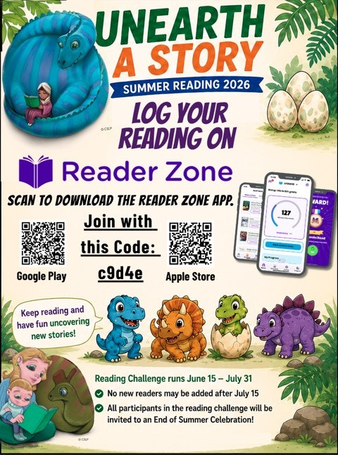 Promotes the "Unearth a Story" summer reading challenge for 2026, using the Reader Zone app. Runs June 15 - July 31.