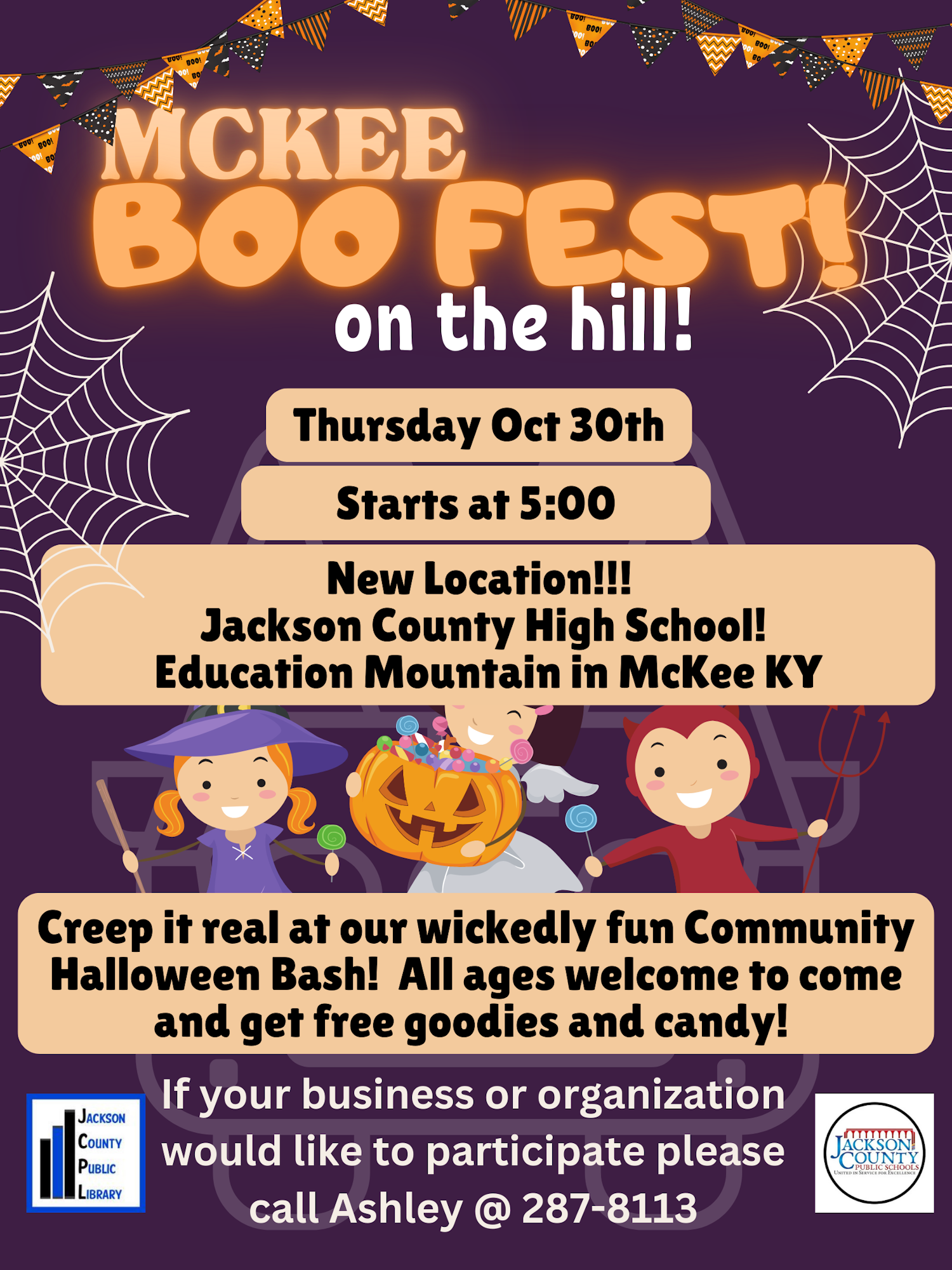 Flyer for McKee Boo Fest on October 30th at Jackson County High School. Halloween bash with freebies; call Ashley to participate.