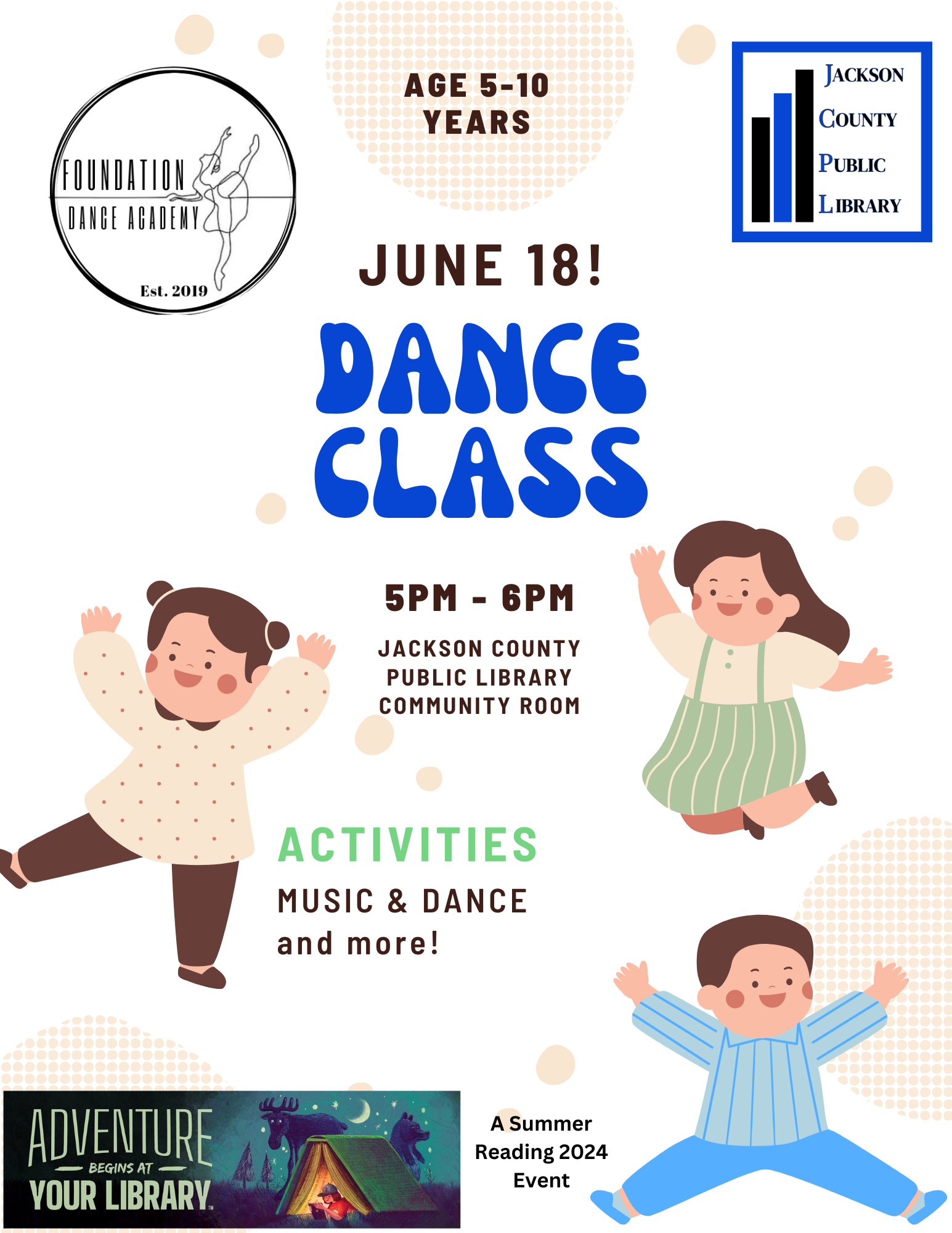 A colorful poster for a June 18 dance class, ages 5-10, at Jackson County Public Library, with music, dance, and activities.