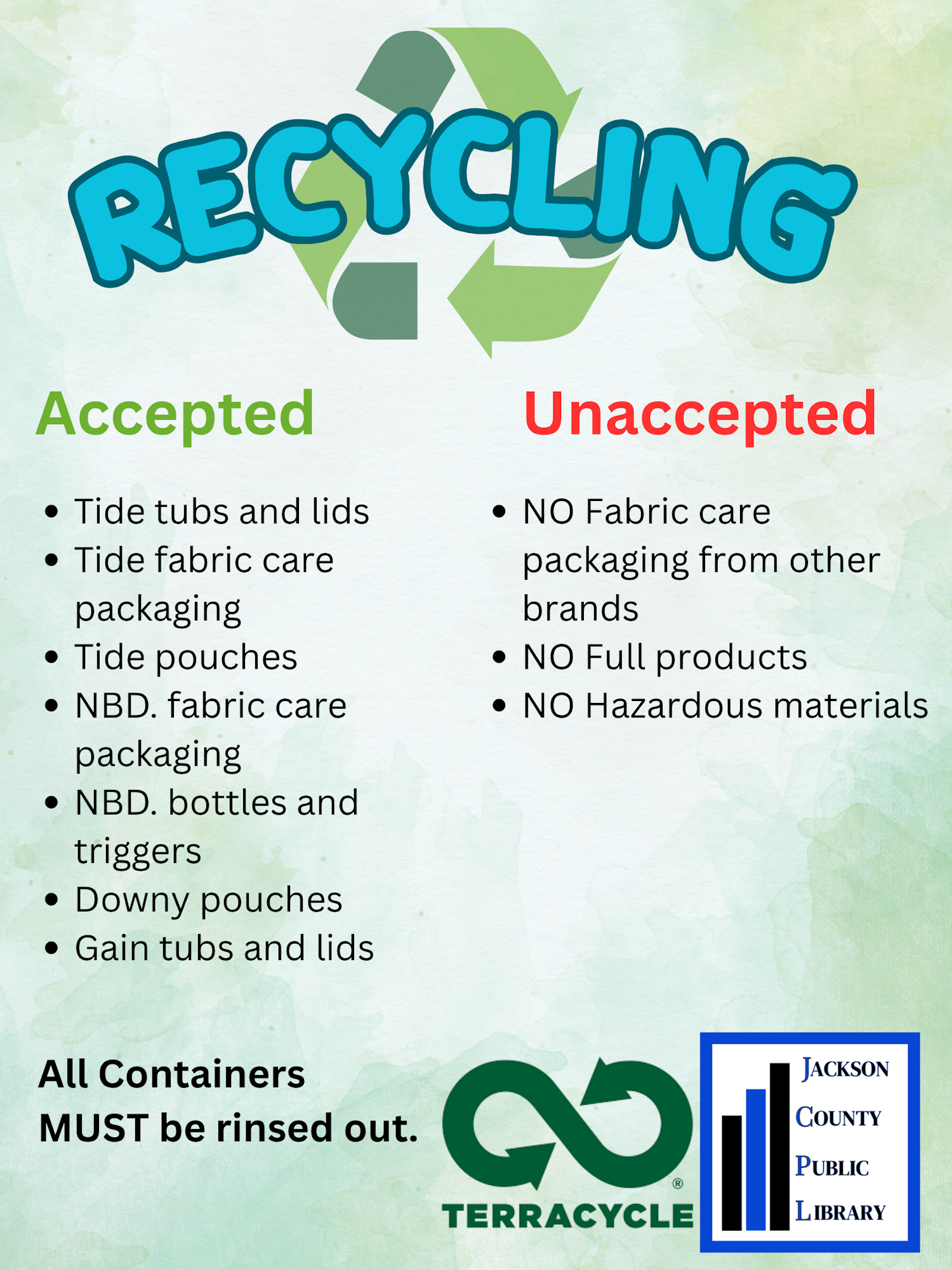Recycling guide: Accepted items include Tide and NBD packaging; Unaccepted include other brands, full products, and hazardous materials.