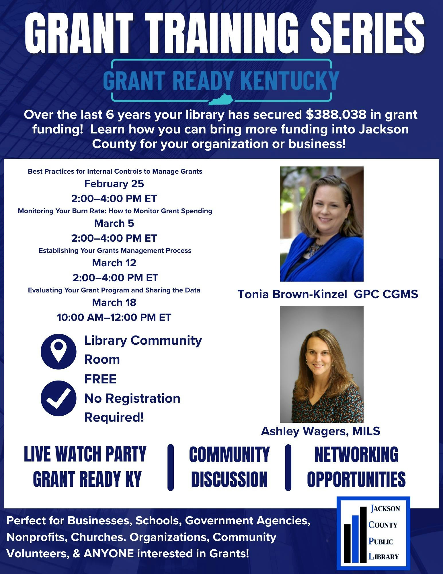 Promotional flyer for a Grant Training Series at Jackson County Public Library, covering best practices and funding opportunities.