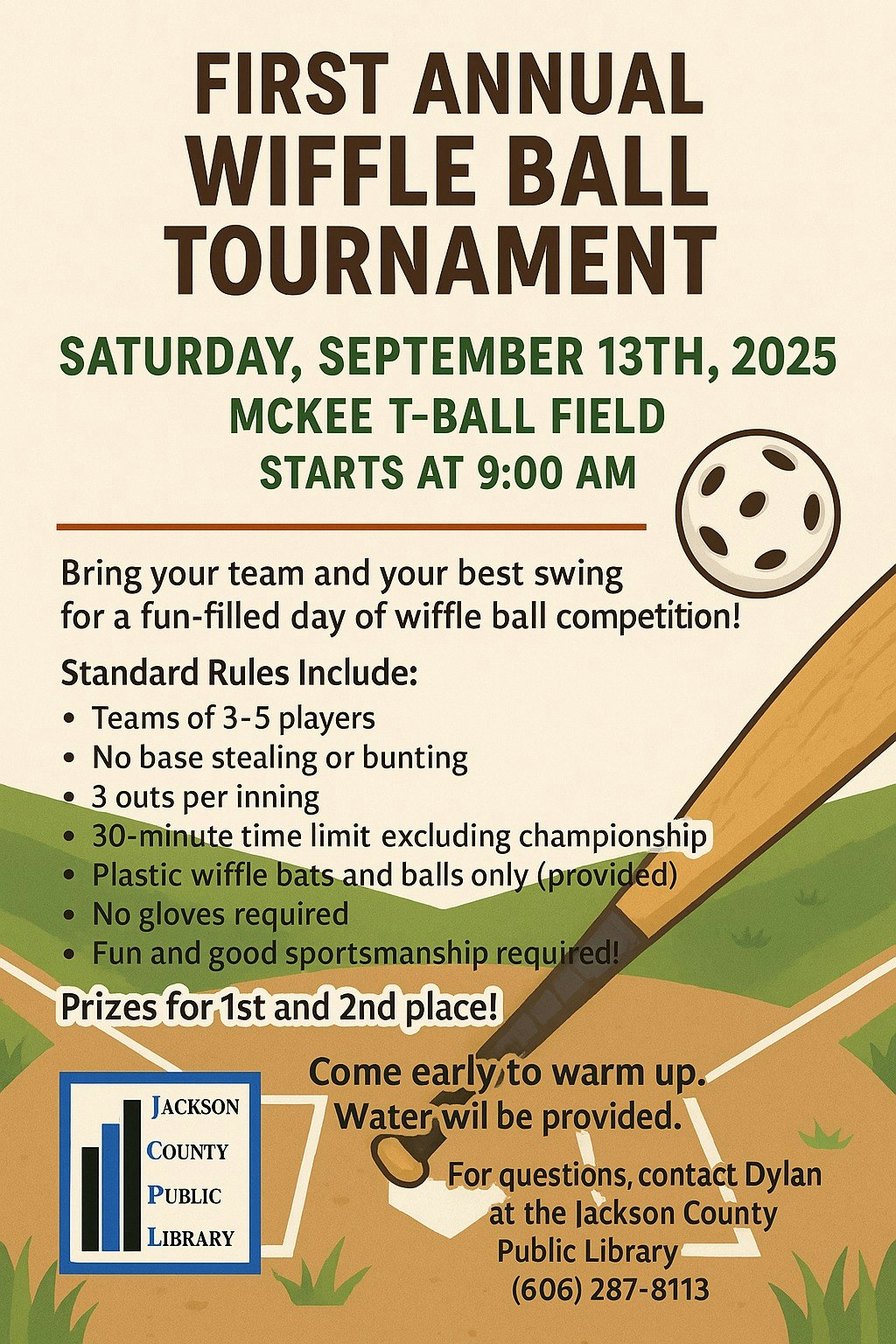 First Annual Wiffle Ball Tournament on Sept 13, 2025, at McKee T-Ball Field. Starts at 9 AM. Rules and contact info provided.
