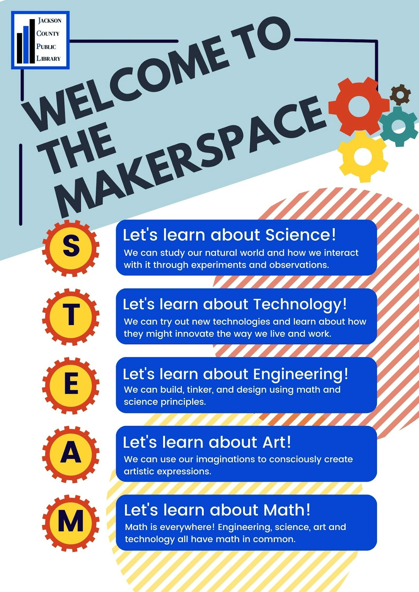 A colorful poster welcoming to the "Makerspace" with educational prompts about learning Science, Technology, Engineering, Art, and Math (STEAM).