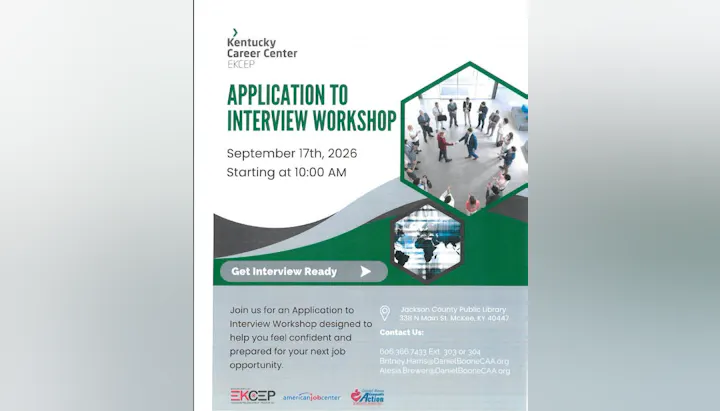 Join the Application to Interview Workshop on Sept 17, 2026, at 10 AM at Jackson County Public Library, McKee, KY.