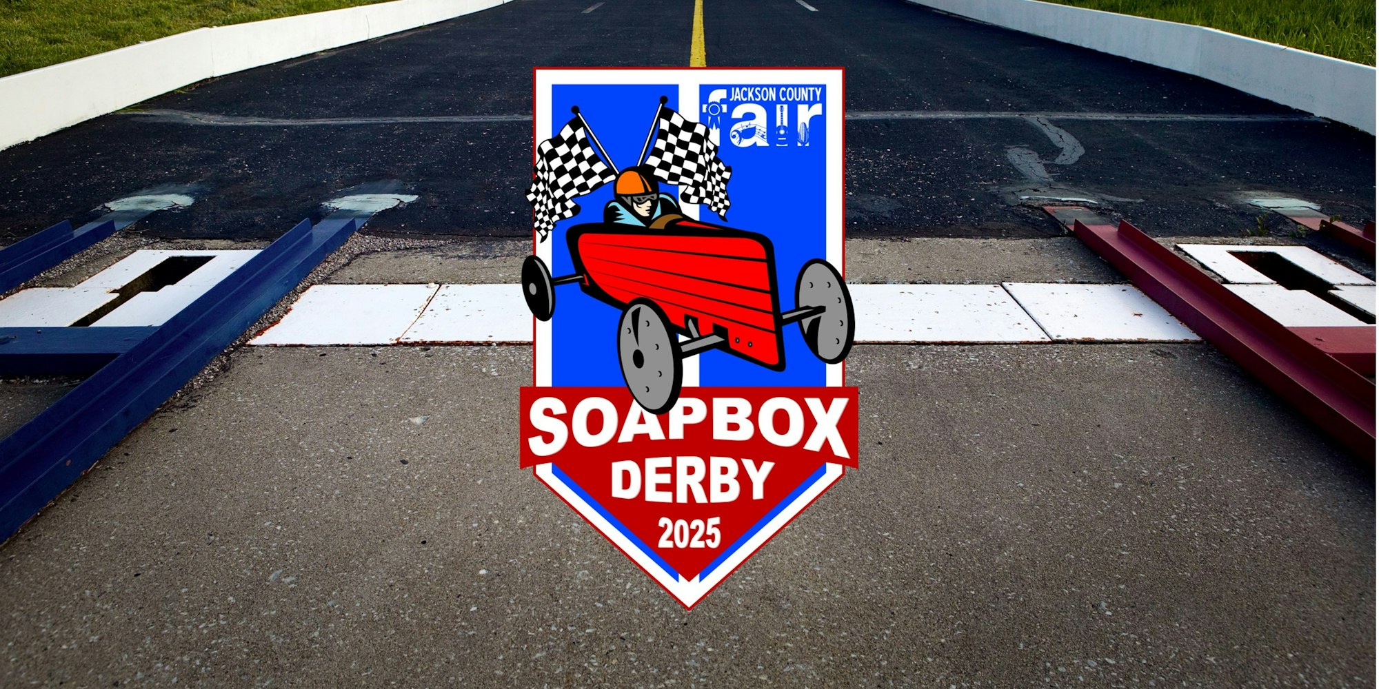 Soapbox Derby 2025 logo with a racer in a red car on a track background.