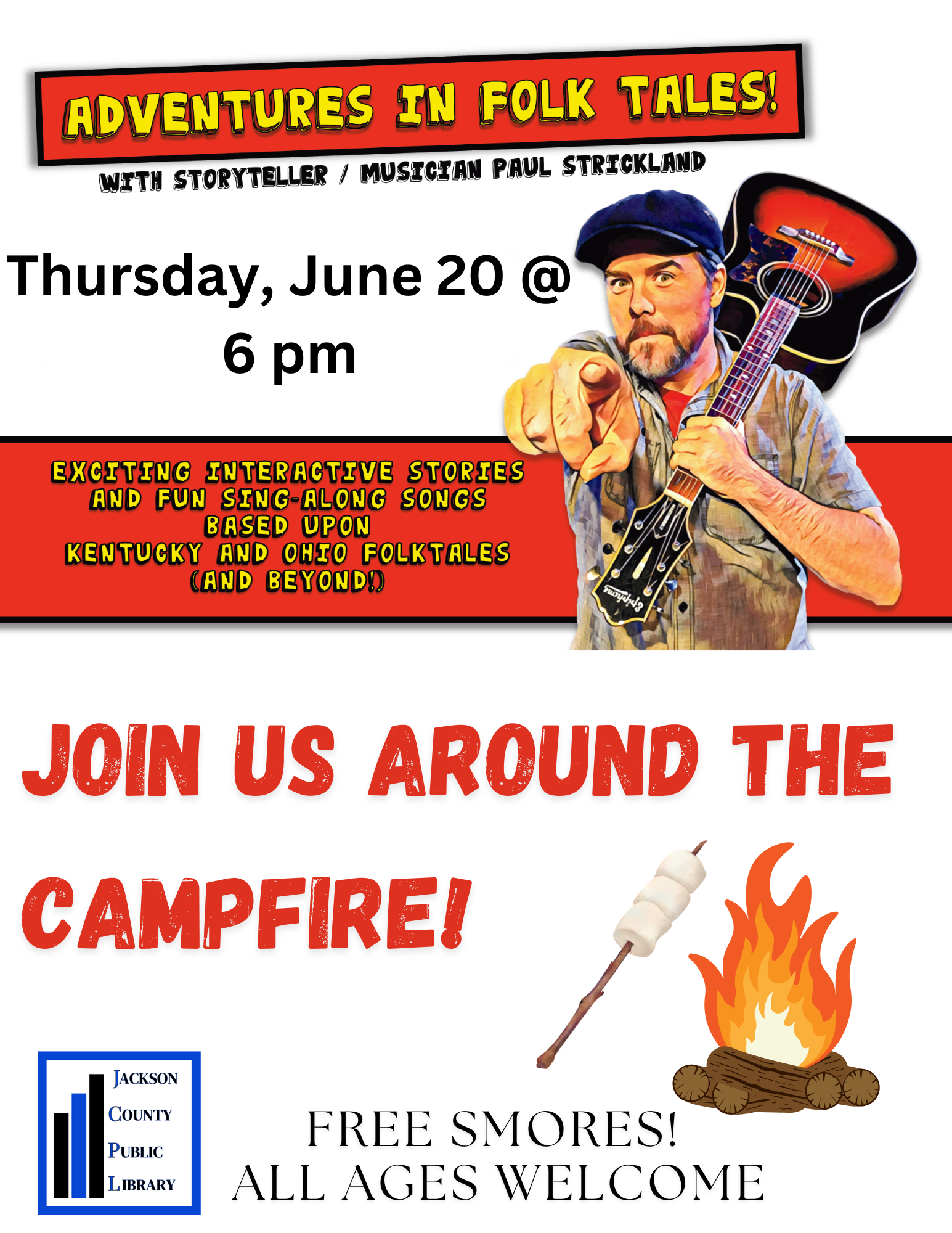 A poster for an event called "Adventures in Folk Tales" with music, stories, and free s'mores.