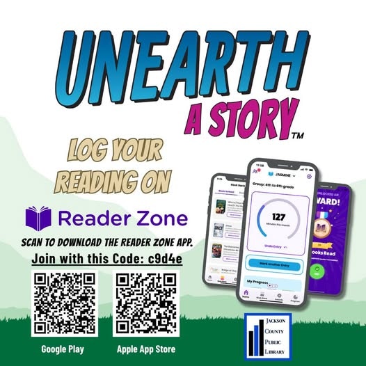 The image promotes a reading program called "Unearth a Story," encouraging users to log reading via the Reader Zone app.