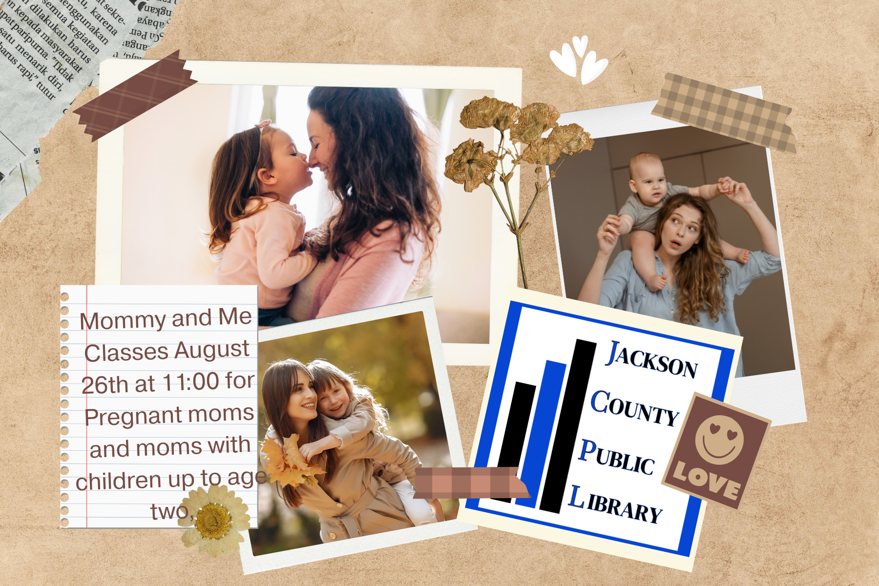 The image promotes "Mommy and Me" classes at the Jackson County Public Library for pregnant moms and moms with young children.