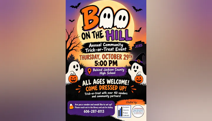 Community trick-or-treat event on Oct 29, 5 PM, behind Jackson County High School. All ages welcome; come dressed up!
