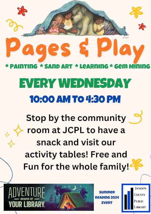 A colorful poster promoting a weekly family event with painting, sand art, gem mining, and learning activities at a library.