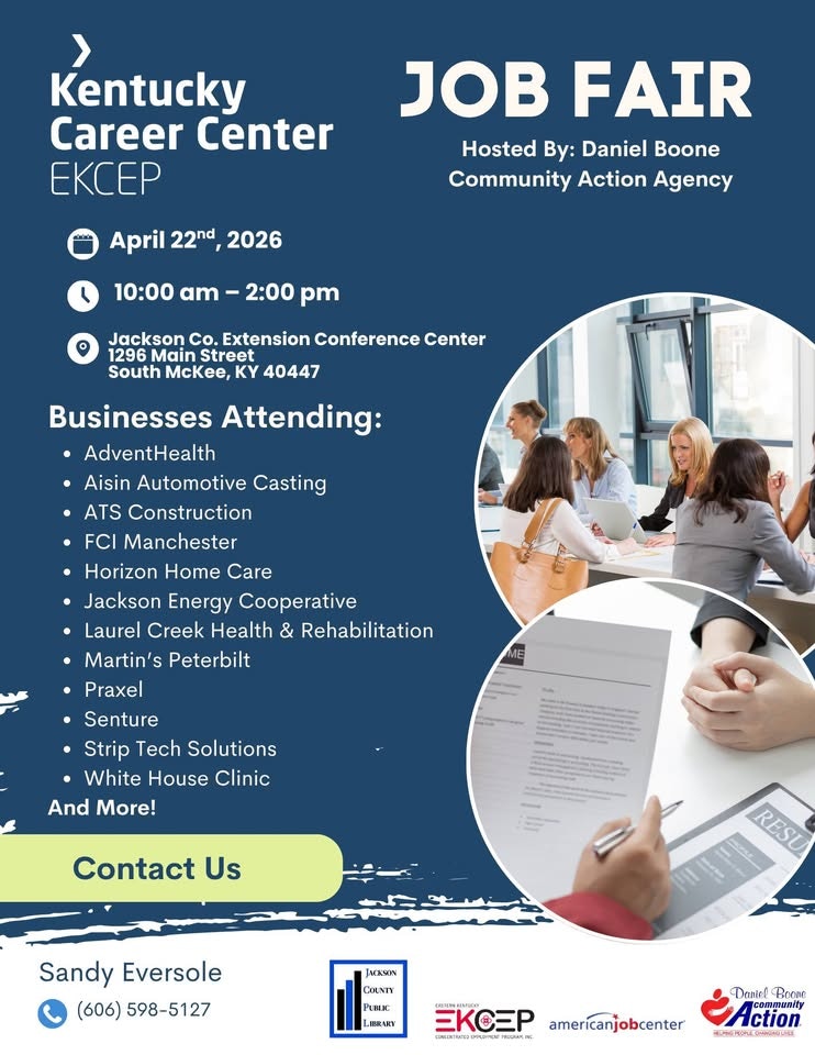 Job fair at Kentucky Career Center on April 22, 2026, 10 AM - 2 PM, featuring multiple local businesses. Contact for details.