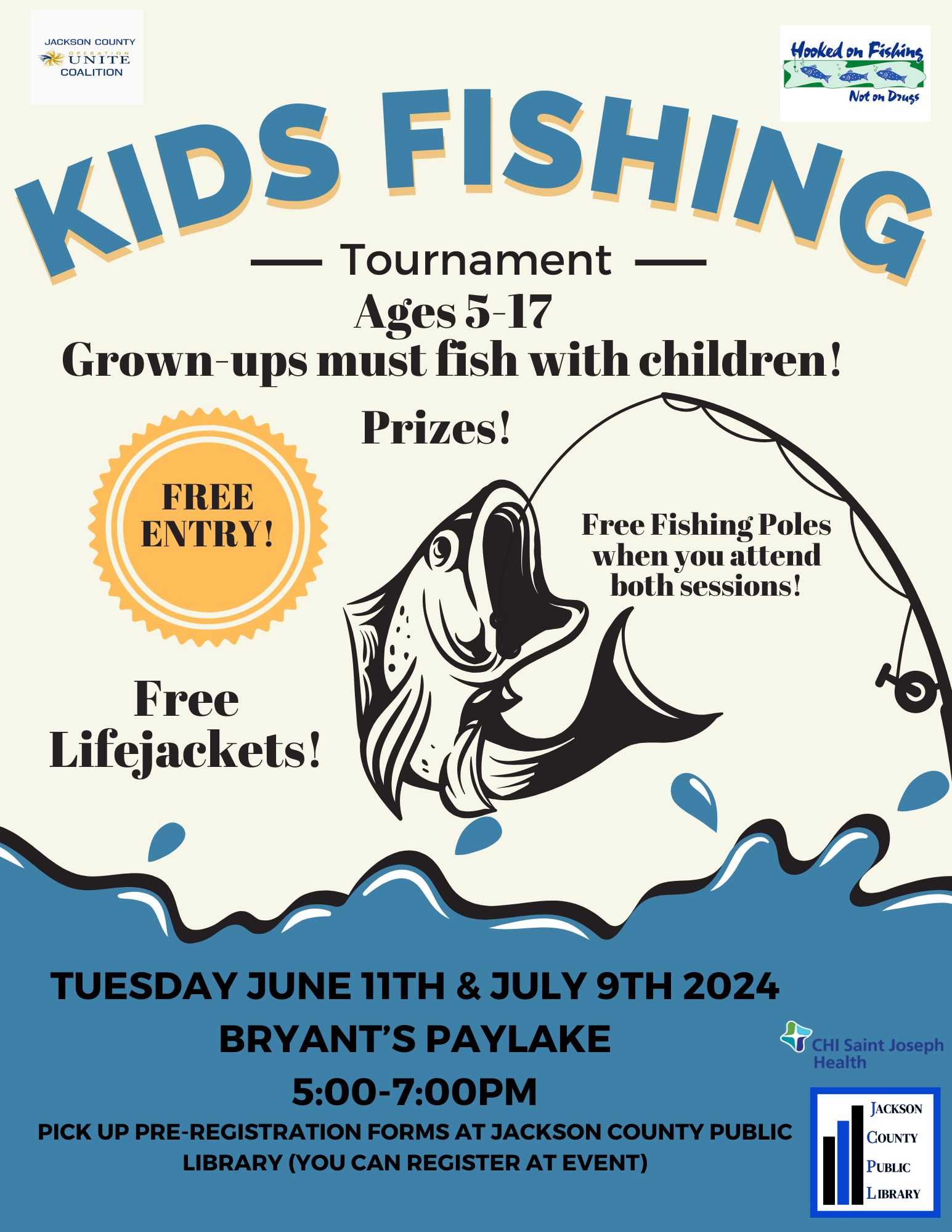 A colorful poster for a kids' fishing tournament for ages 5-17, with free entry, lifejackets, and prizes. Event dates and registration info included.