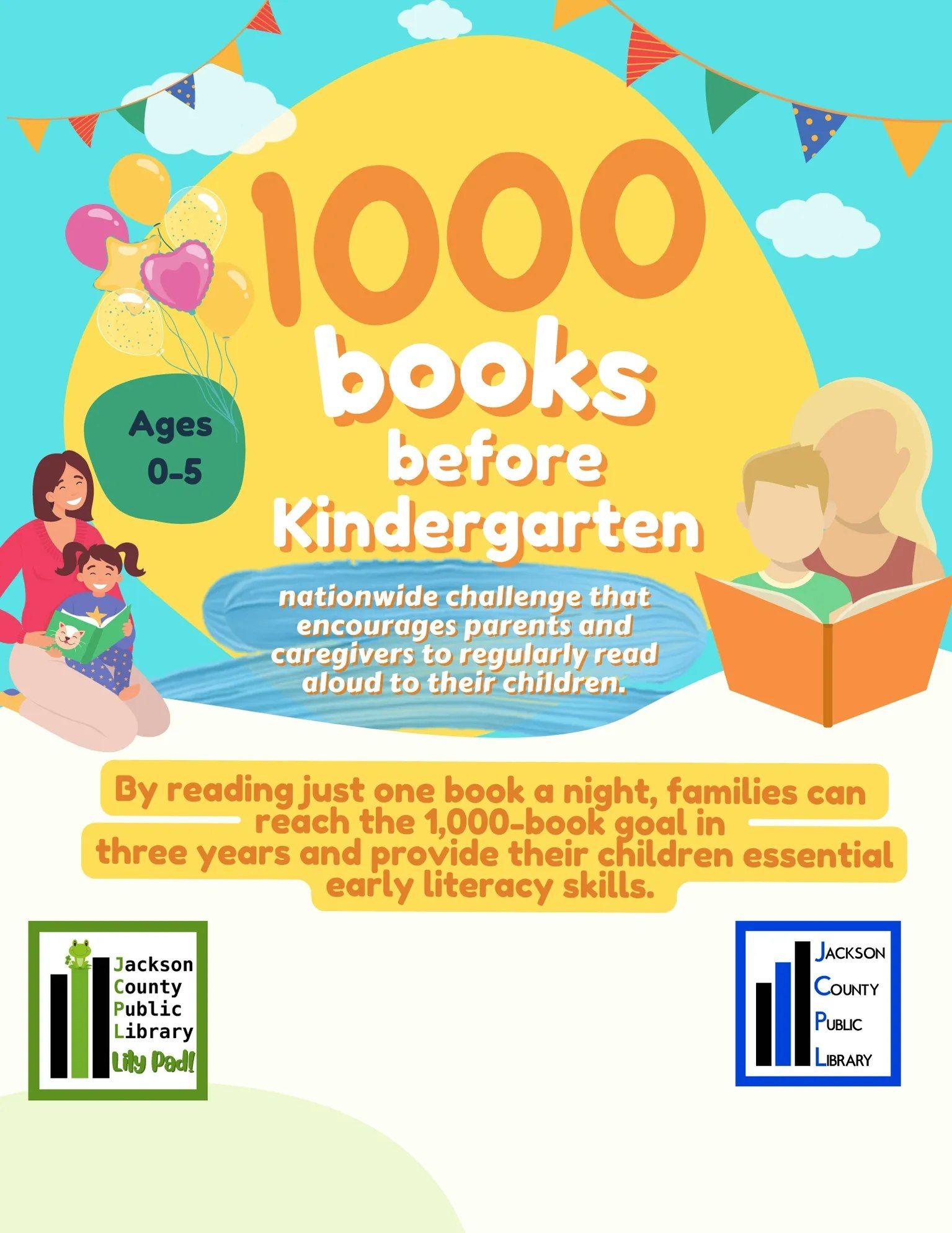 A colorful poster promoting the "1000 books before Kindergarten" reading challenge for ages 0-5, encouraging daily reading to kids.
