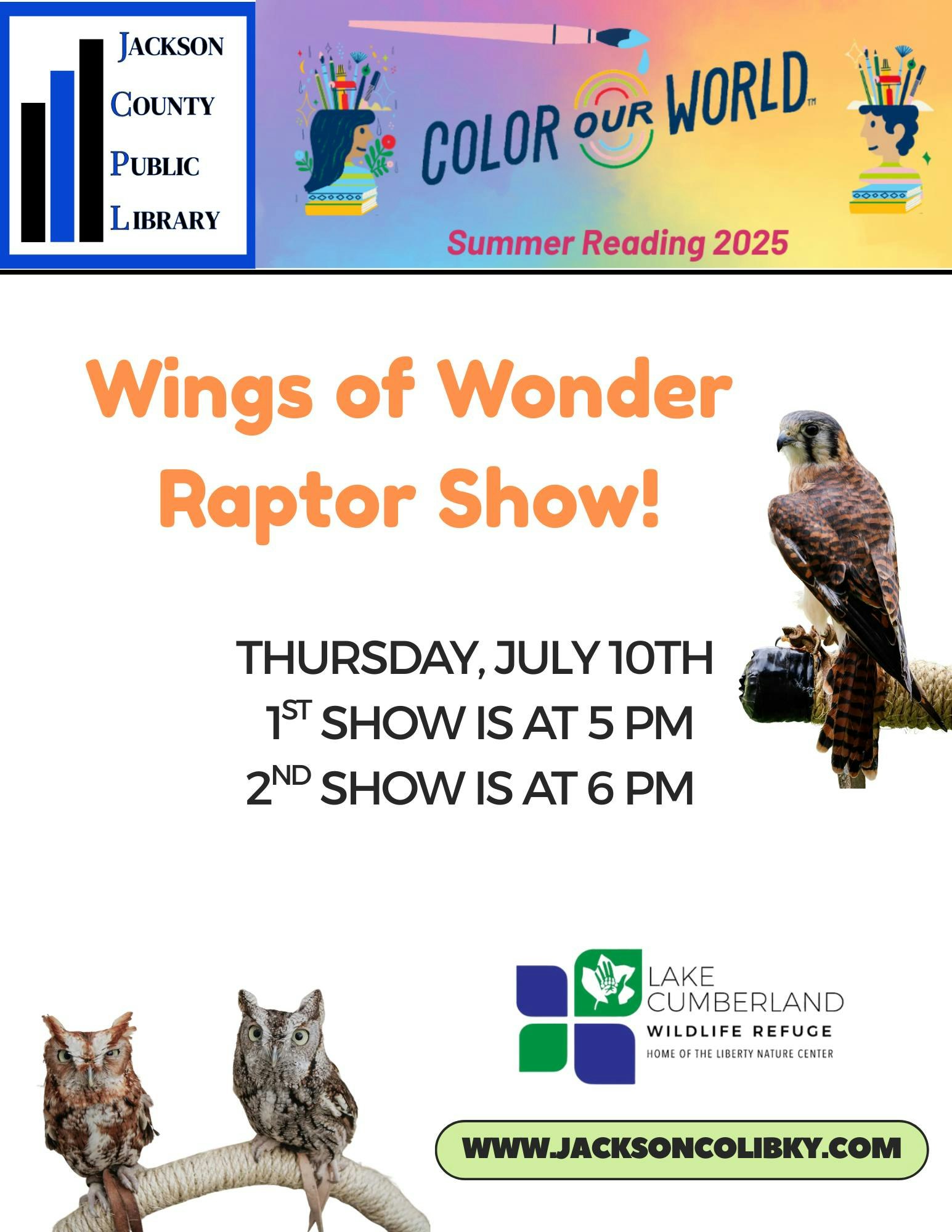 "Wings of Wonder Raptor Show, July 10th at 5 PM and 6 PM, Jackson County Public Library, Summer Reading 2025 event."