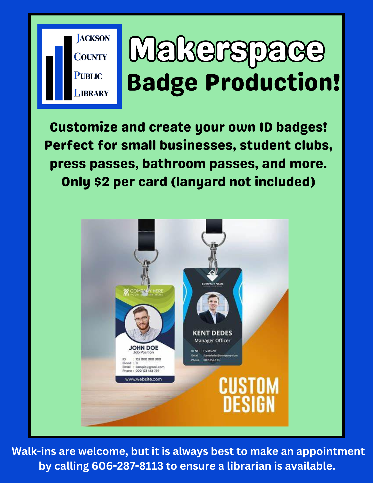 An ad for custom ID badge production at Jackson County Public Library, offering design services for $2 per card.