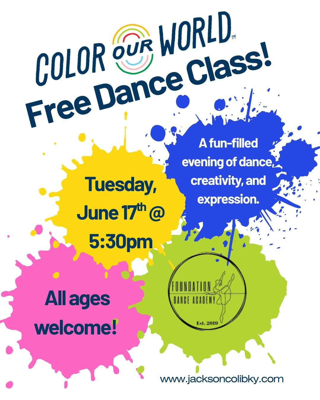 Free dance class on June 17th, 5:30pm. All ages welcome. Fun, creativity, and expression. Website: jacksoncolibky.com.