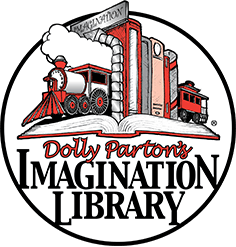 Logo of Dolly Parton's Imagination Library, featuring a train and books.