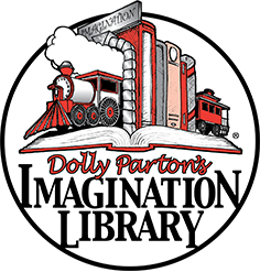 Logo of Dolly Parton's Imagination Library, featuring a train and books.