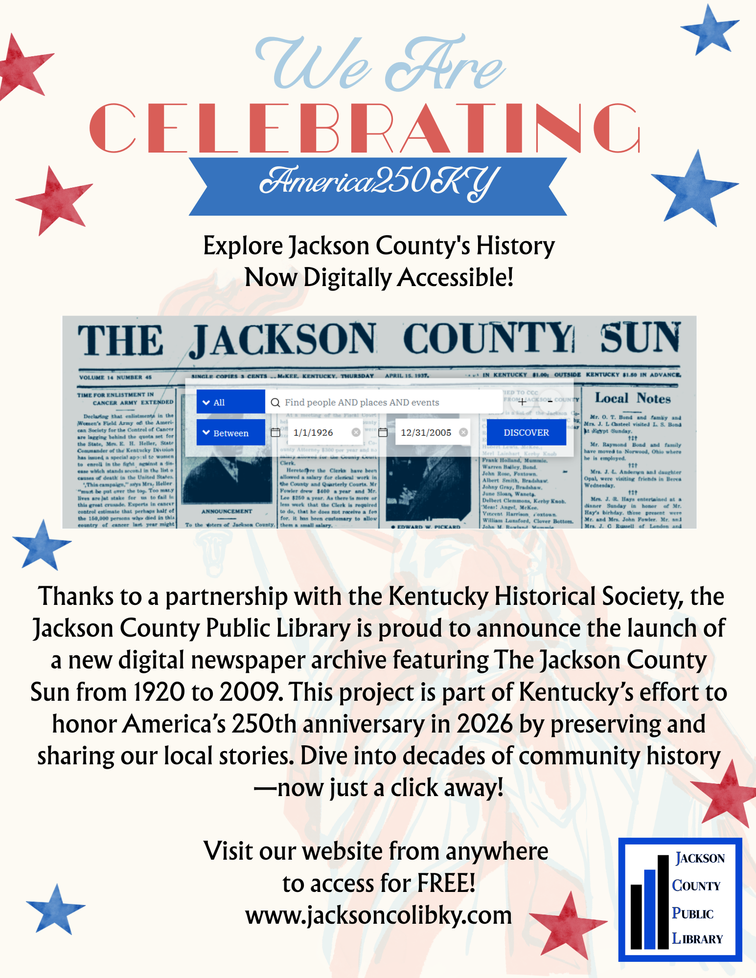 Digital archive of Jackson County's history now available, featuring The Jackson County Sun newspaper from 1920-2009.