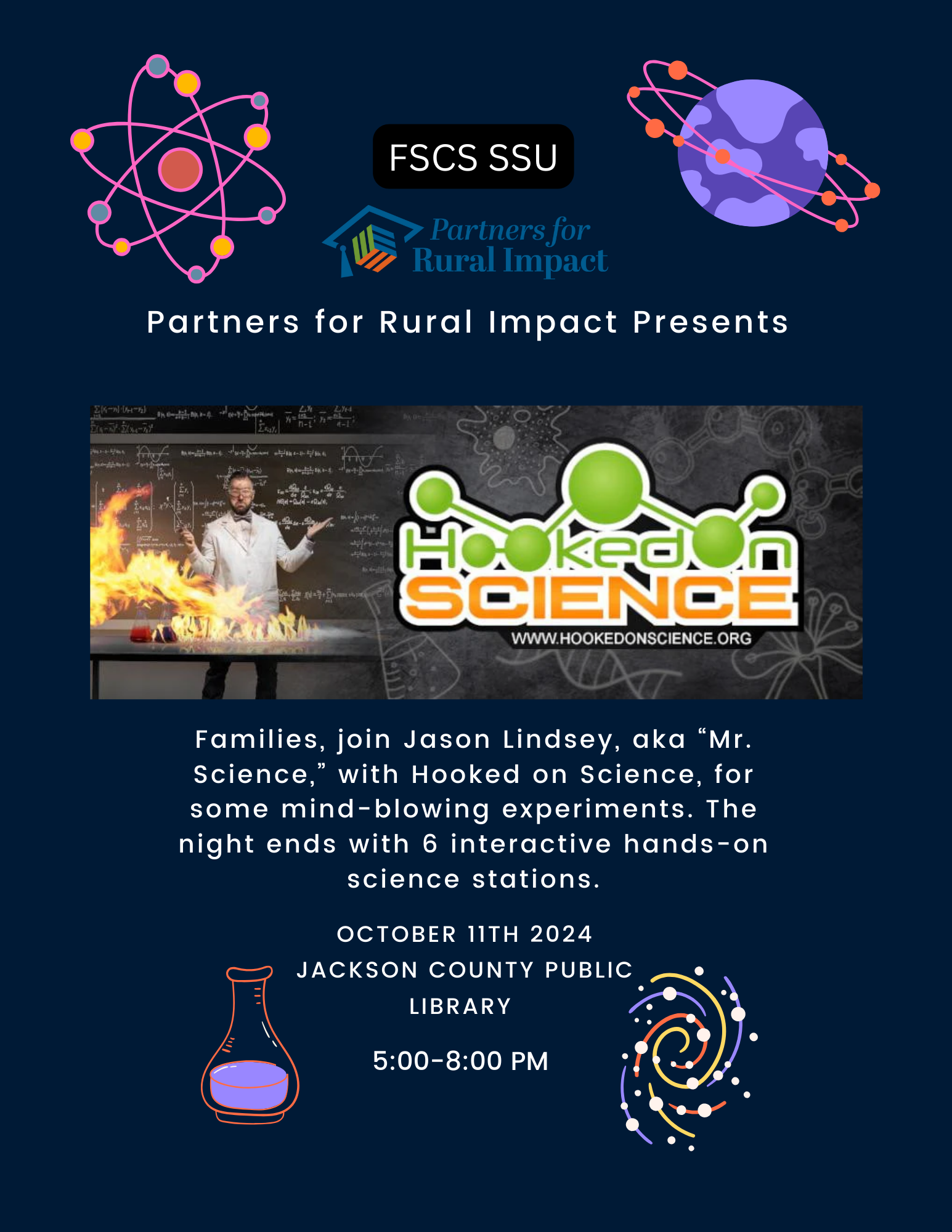 A science event flyer with a man doing an experiment, details about interactive stations, and event information.