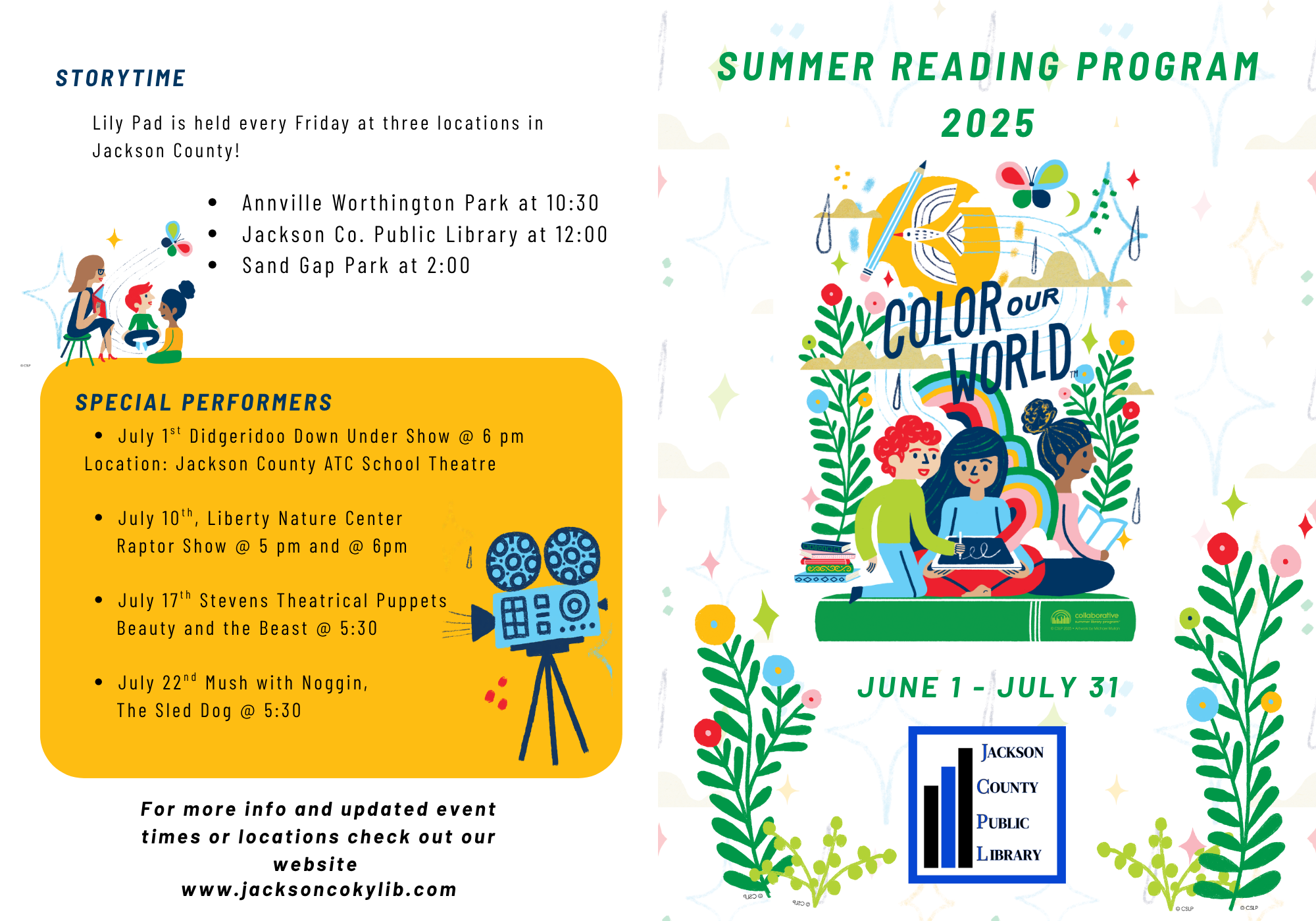 Summer Reading Program 2025 flyer with storytime locations and special performers at Jackson County Public Library.