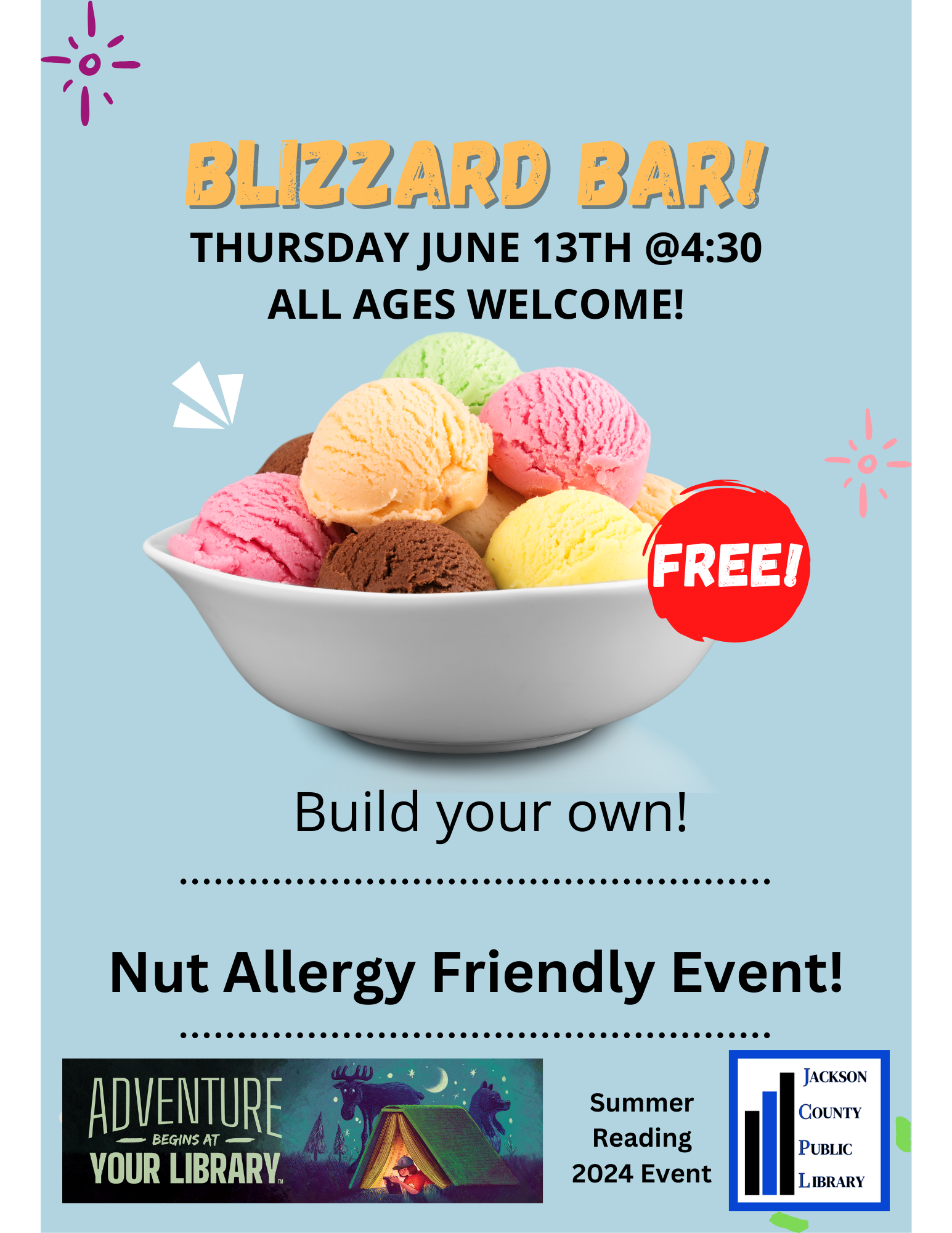 An ad for a free ice cream event at a library on June 13th, which is nut allergy friendly.