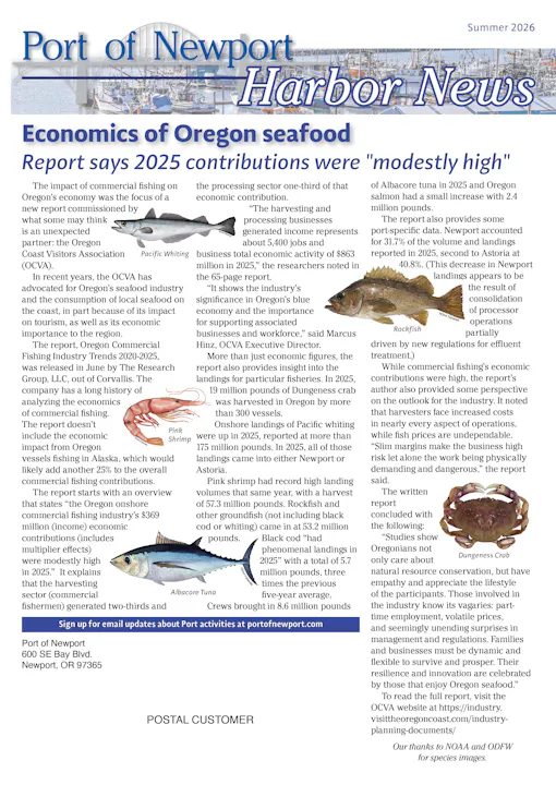 The report discusses Oregon's seafood economy, highlighting its contributions in 2025, harvest stats, and importance to tourism and jobs.