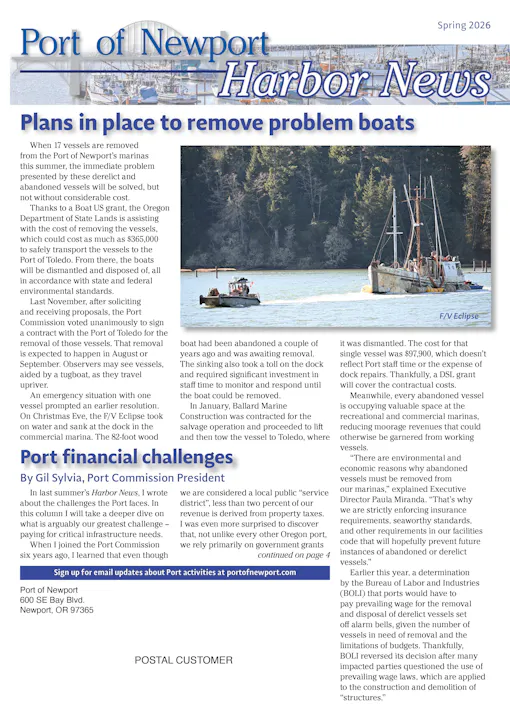 The Port of Newport plans to remove 17 derelict boats this summer with aid from a state grant, addressing local marine issues.