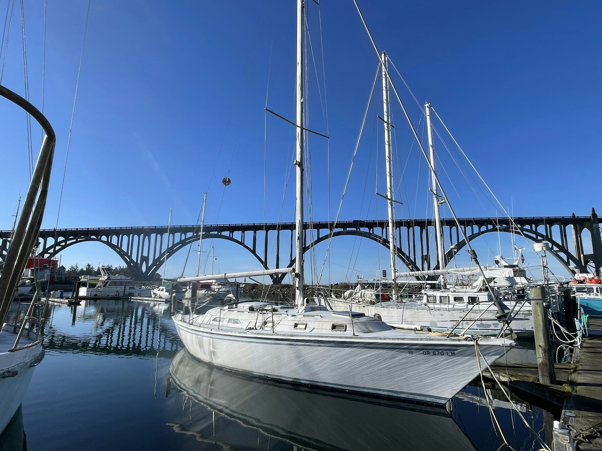Sailboats docked at a marina with a large arched bridge in the background under a clear blue sky.