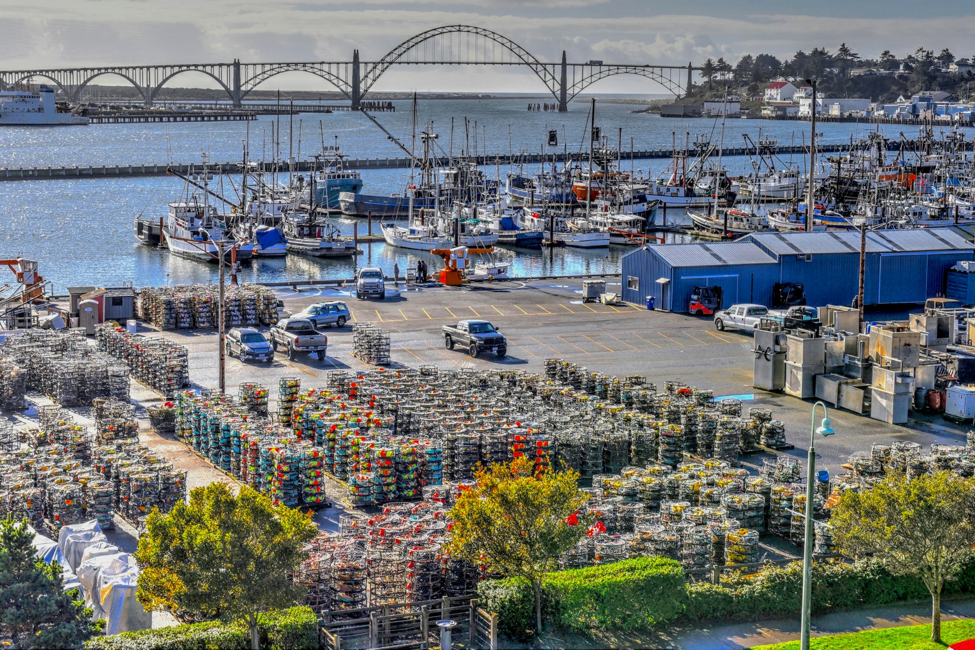 View of the Yaquina Bay Bridge looking over Commercial Dock