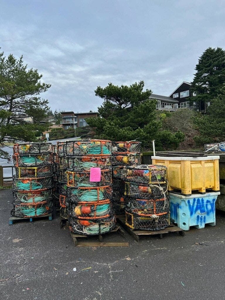 The image shows a stack of crab traps with colorful floats, some nets, and nearby containers, set against a cloudy sky.