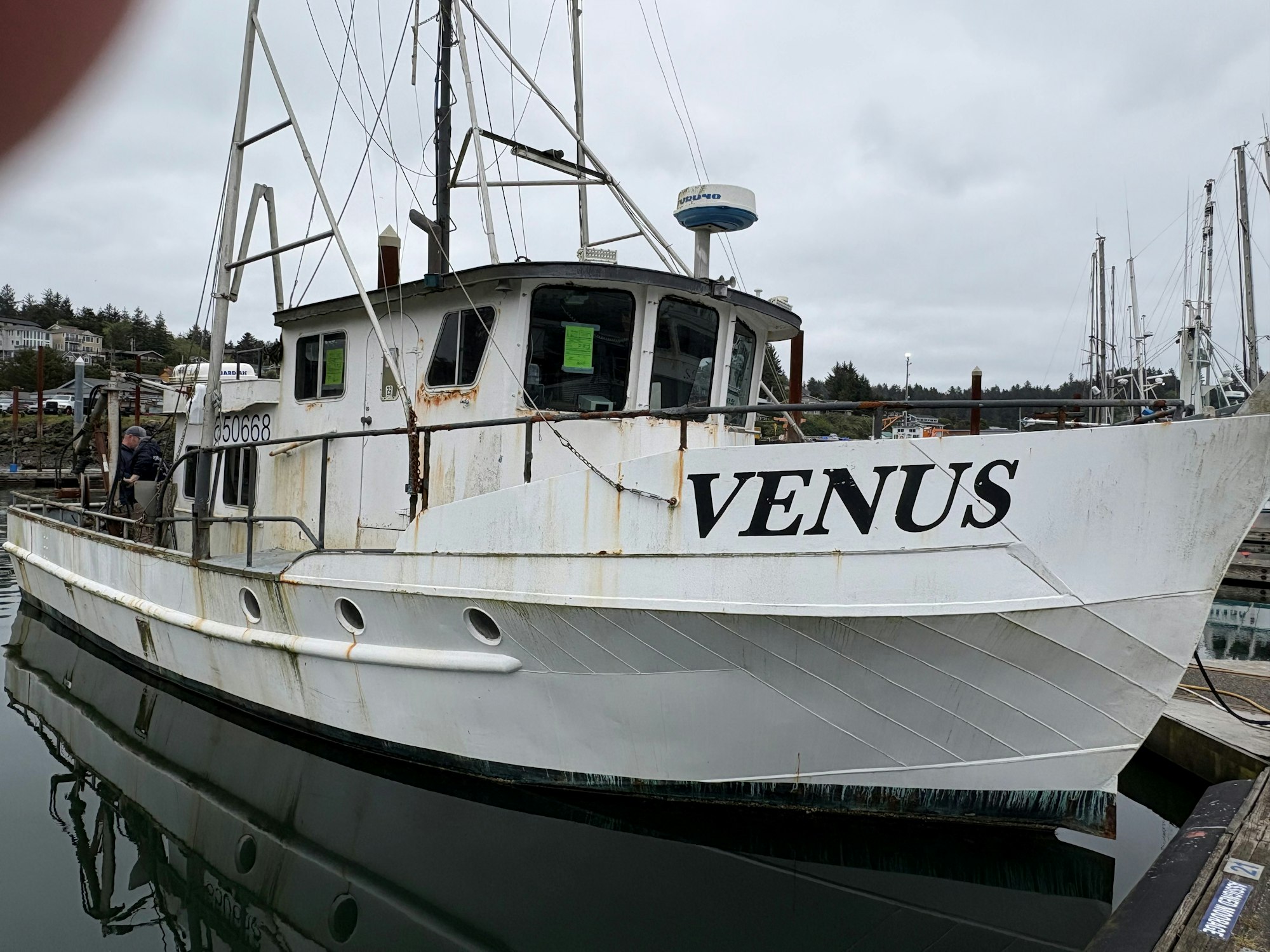 A weathered fishing boat named "VENUS" docked at a marina with a person on board and fishing gear visible.