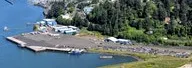 Aerial view of a coastal area with a marina, buildings, parking, and greenery nearby.