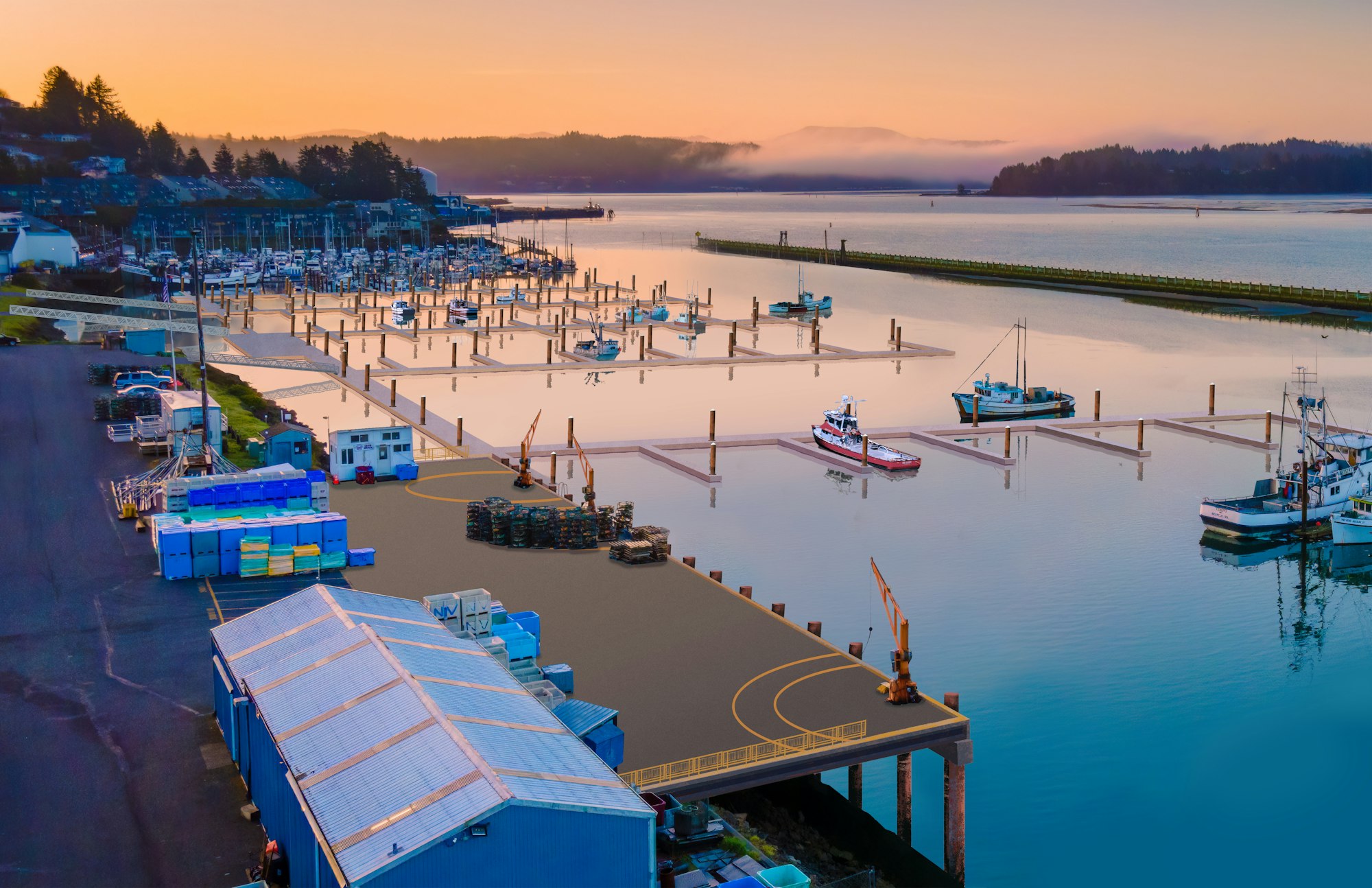Harbor at sunset with docks, boats, and warehouses; calm water reflects the sky.