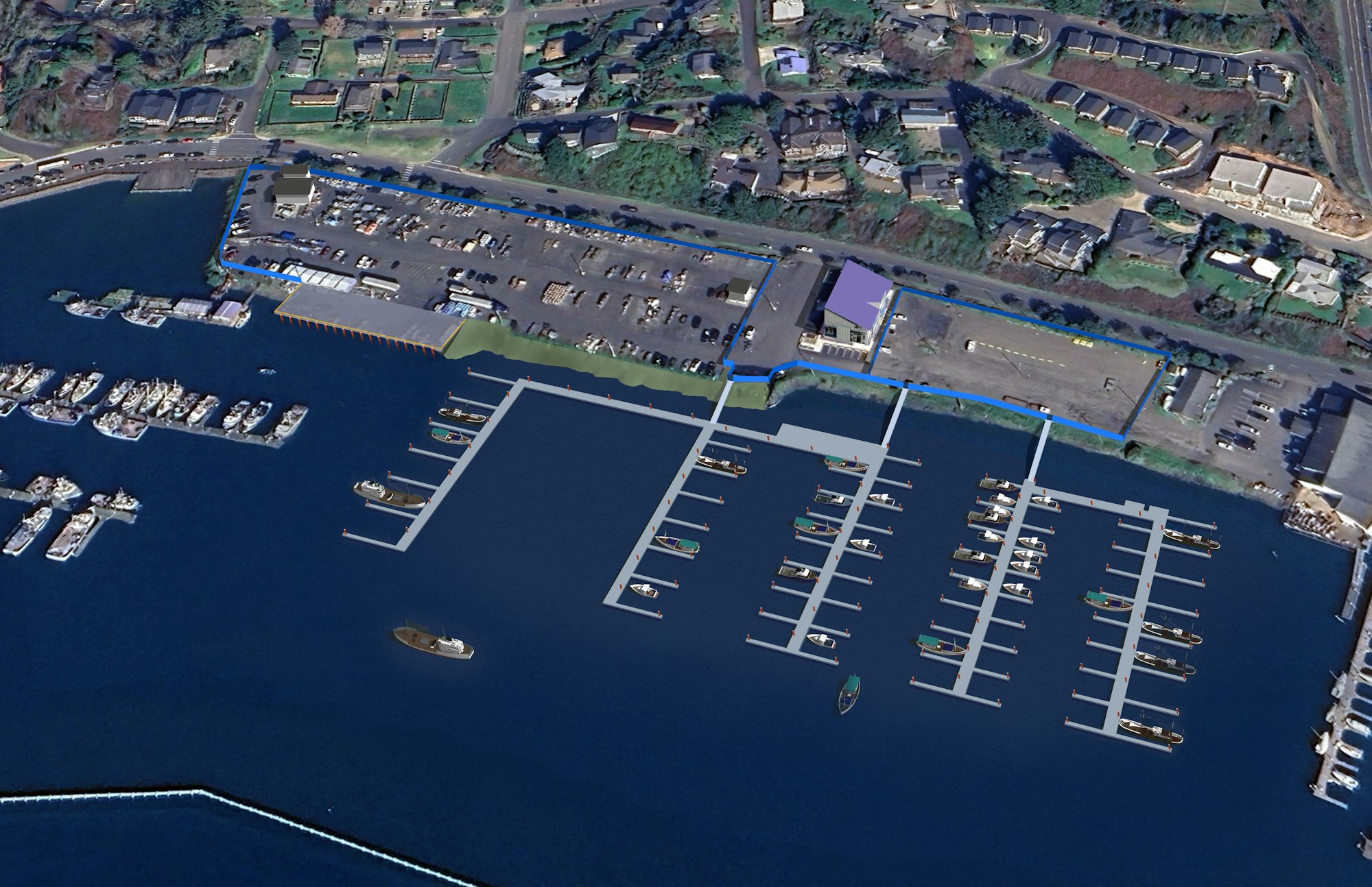 Aerial view of a marina with boats docked, adjacent parking lot, and nearby buildings.