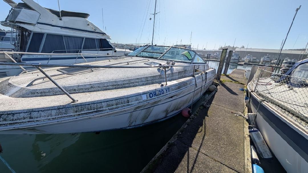 A docked motorboat with moss and grime, next to other boats in a marina.