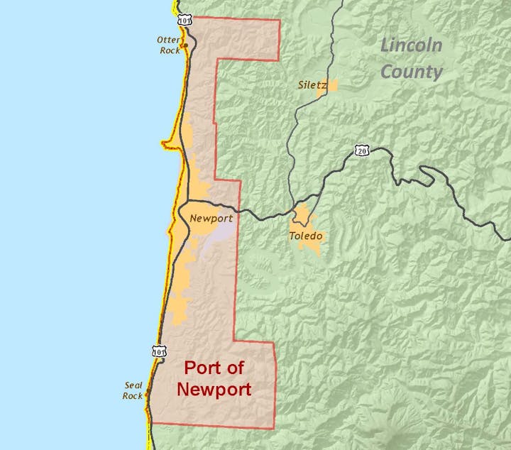 A map highlighting the Port of Newport in Oregon, with surrounding locations labeled.