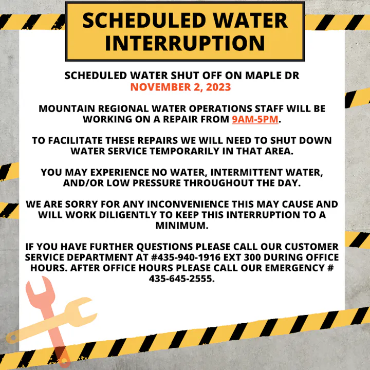 Notice of water shutoff on Maple Dr on November 2, 2023, from 9 AM to 5 PM for repairs. Intermittent service expected.