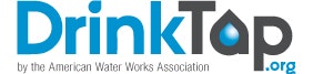 Logo with "DrinkTap" and a water droplet, by the American Water Works Association.