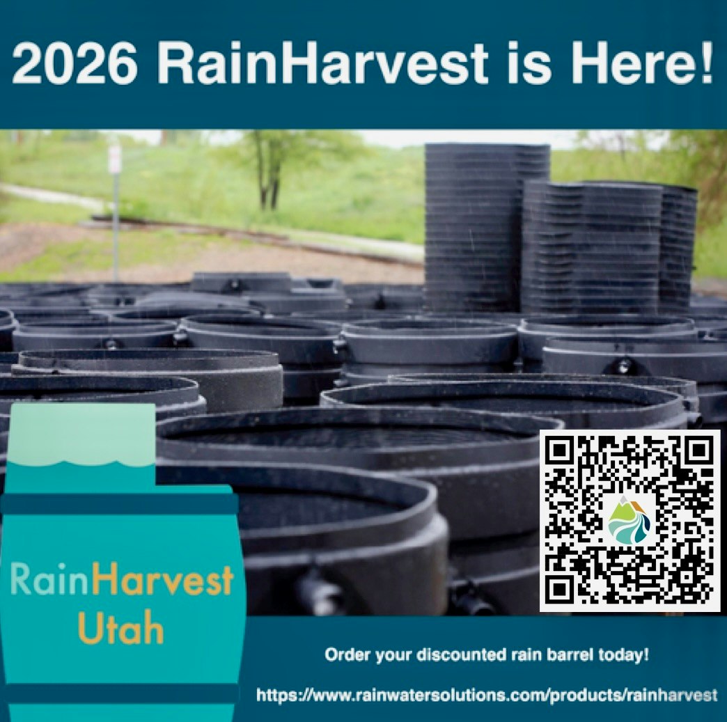 The image promotes the 2026 RainHarvest program in Utah and encourages ordering discounted rain barrels.