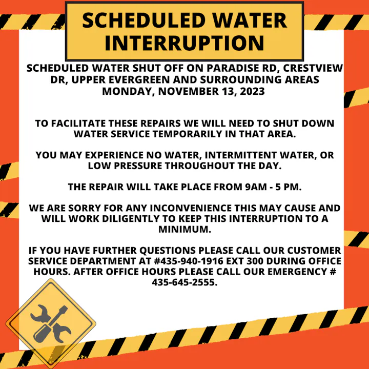 Notice of scheduled water shutoff on November 13, 2023, from 9 AM to 5 PM for repairs in certain areas, causing possible interruptions.
