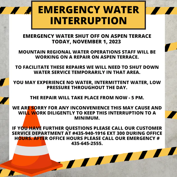 Emergency water shutoff on Aspen Terrace today, Nov 1, 2023, from now until 5 PM due to repairs. Low pressure or no water possible.