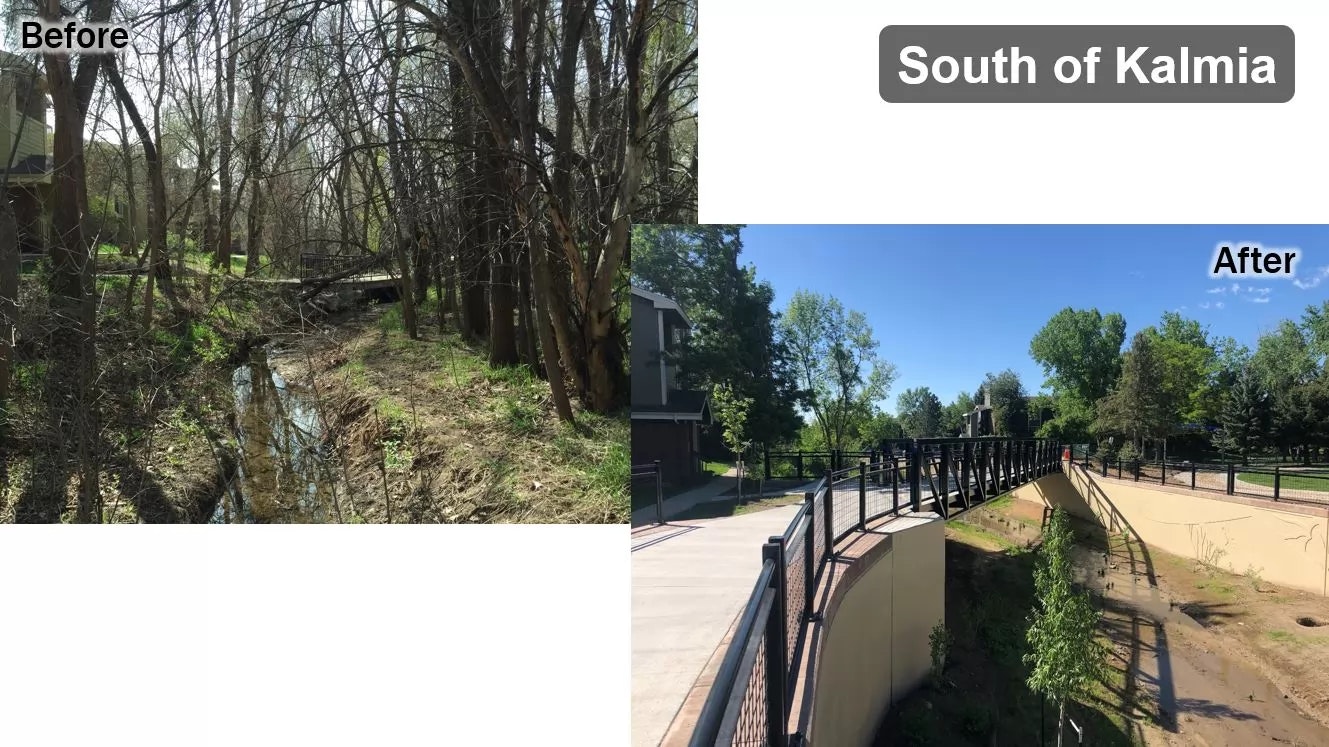 Before and after views of a renovated outdoor area, showcasing improved landscaping and a new pathway or bridge.