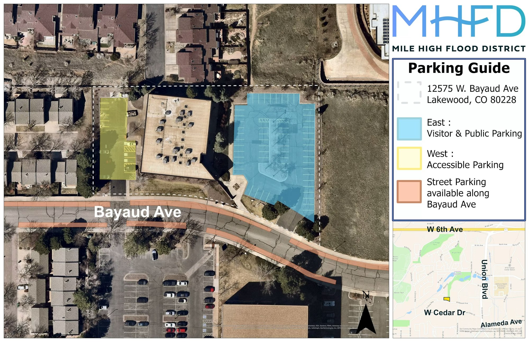 Aerial view of a building with parking areas marked for visitors, public, and accessible use, plus street parking guidance.