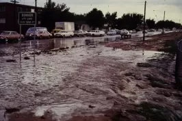 A flooded street with cars and buildings, water flowing over the pavement.