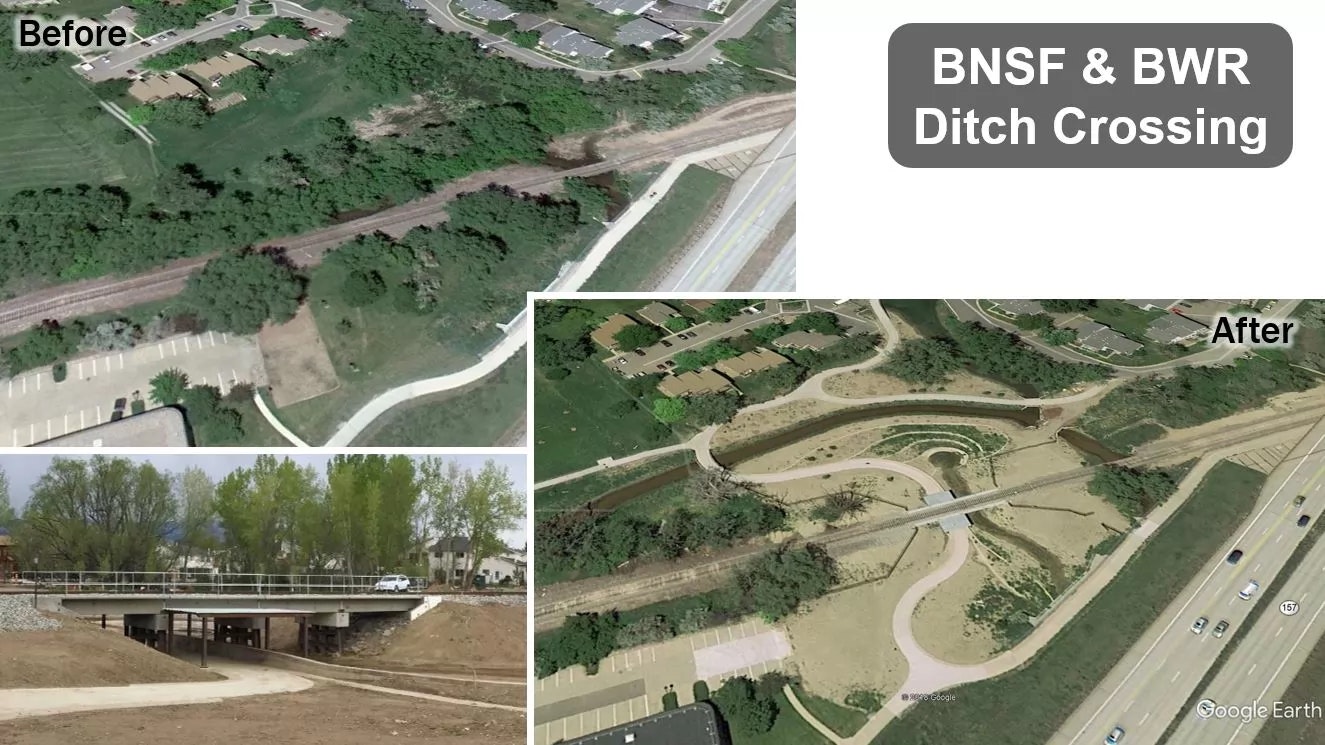 Before and after aerial views of a ditch crossing project with new bridge and pathways.