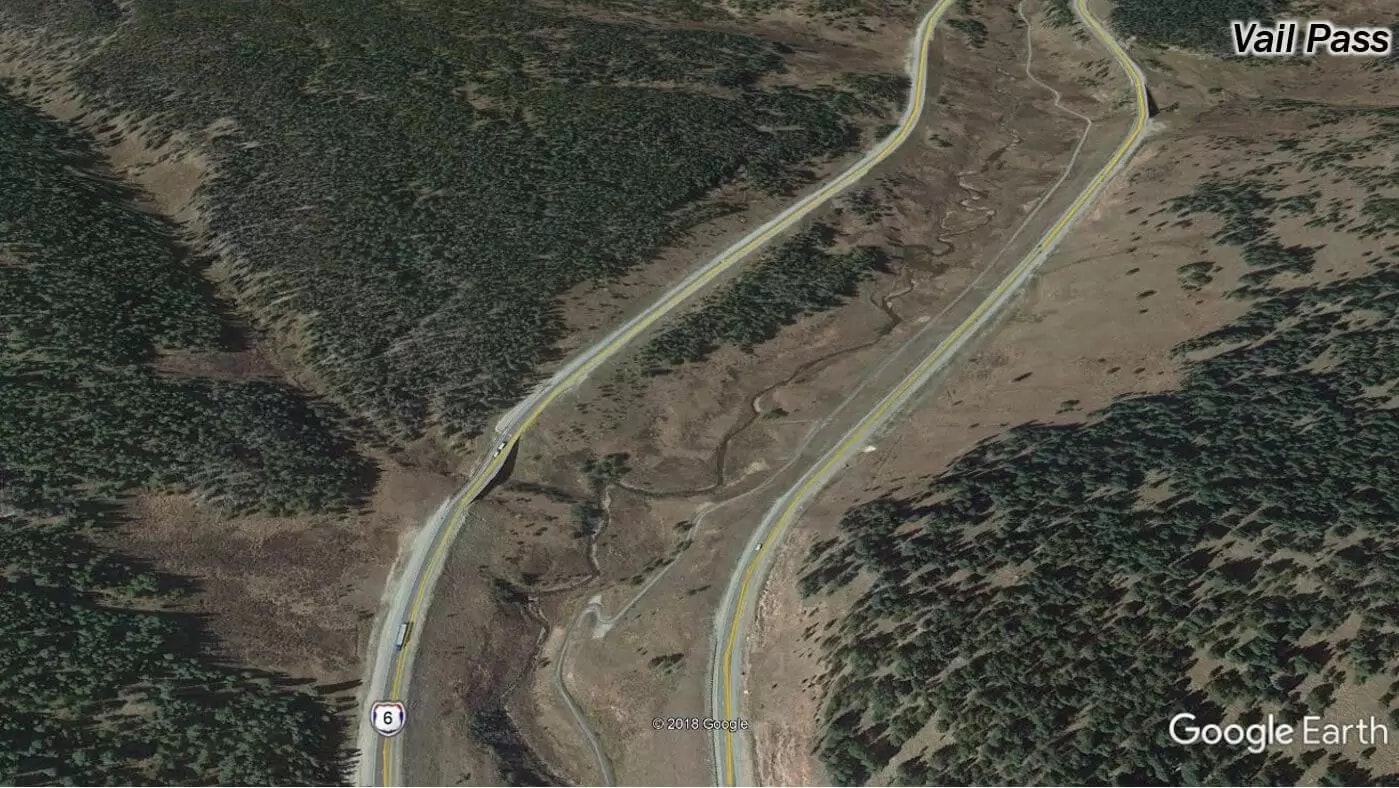 Aerial view of Vail Pass with winding roads and forested areas, from Google Earth.